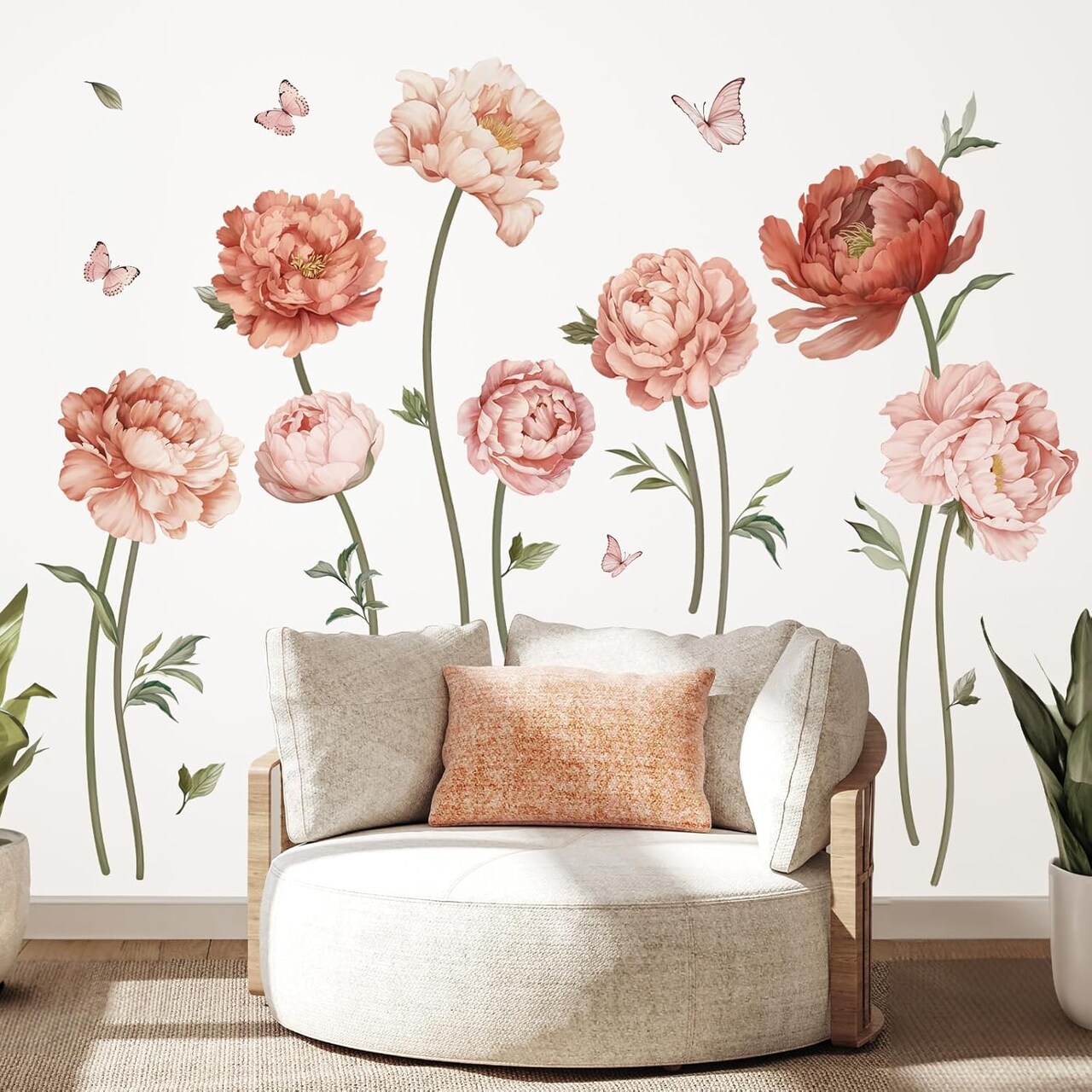 Pink Peony Rose Flower Wall Stickers Boho Floral Peel and Stick Wall Art Decals (Pink)